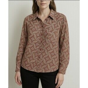 VTG Talbots Brown Silk Blouse 24W Paisley Print Button Up Shirt Boho Classic